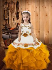 Beautiful Gold Lace Up Little Girls Pageant Gowns Embroidery and Ruffles Sleeveless Floor Length