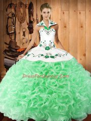 Ball Gowns Quinceanera Dresses Apple Green Halter Top Fabric With Rolling Flowers Sleeveless Floor Length Lace Up