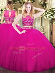 Fuchsia Tulle Zipper 15 Quinceanera Dress Sleeveless Floor Length Beading