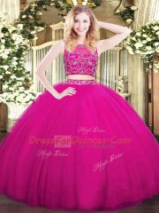 Fuchsia Tulle Zipper 15 Quinceanera Dress Sleeveless Floor Length Beading