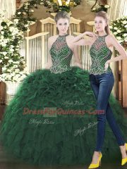 New Style Dark Green Two Pieces Beading and Ruffles Sweet 16 Quinceanera Dress Lace Up Organza Sleeveless Floor Length