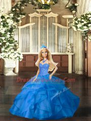 Sweet Tulle Sweetheart Sleeveless Lace Up Beading and Ruffles Quince Ball Gowns in Blue