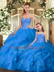 Sweet Tulle Sweetheart Sleeveless Lace Up Beading and Ruffles Quince Ball Gowns in Blue