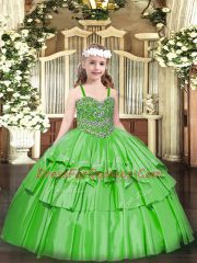 Green Straps Neckline Beading and Ruffled Layers Custom Made Pageant Dress Sleeveless Lace Up