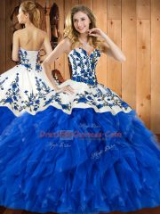 Inexpensive Sweetheart Sleeveless Ball Gown Prom Dress Floor Length Embroidery and Ruffles Blue Tulle