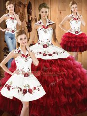 Super Wine Red Ball Gowns Organza Halter Top Sleeveless Embroidery and Ruffled Layers Floor Length Lace Up Quinceanera Gown
