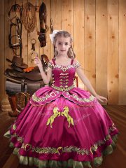 Charming Hot Pink Ball Gowns Satin Off The Shoulder Sleeveless Beading and Embroidery Floor Length Lace Up Little Girl Pageant Gowns