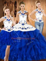 Blue And White Halter Top Lace Up Embroidery Ball Gown Prom Dress Sleeveless