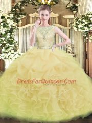 Custom Made Champagne Scoop Backless Lace and Ruffles Quince Ball Gowns Sleeveless