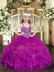 Straps Sleeveless Tulle Kids Formal Wear Beading and Ruffles Lace Up