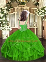 Straps Sleeveless Tulle Kids Formal Wear Beading and Ruffles Lace Up