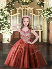 Wine Red Sleeveless Beading Floor Length Little Girls Pageant Gowns