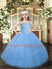 Baby Blue Sleeveless Beading Floor Length Little Girl Pageant Gowns