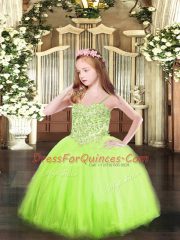 Yellow Green Spaghetti Straps Neckline Appliques Child Pageant Dress Sleeveless Lace Up
