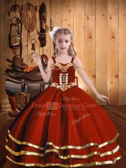Rust Red Lace Up Evening Gowns Beading and Embroidery and Ruffled Layers Sleeveless Floor Length