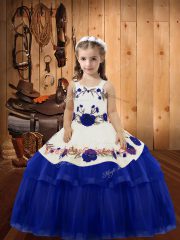 Popular Royal Blue Lace Up Straps Embroidery and Ruffled Layers Pageant Dress Toddler Organza Sleeveless