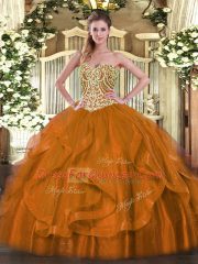 Most Popular Organza Sweetheart Sleeveless Lace Up Beading and Ruffles 15 Quinceanera Dress in Rust Red