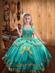 Wonderful Floor Length Ball Gowns Sleeveless Aqua Blue Pageant Gowns For Girls Lace Up