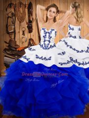 Hot Selling Blue Lace Up Quinceanera Gowns Embroidery and Ruffles Sleeveless Floor Length