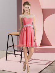 Dynamic Mini Length Watermelon Red Evening Dress Chiffon Cap Sleeves Beading