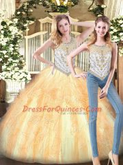 Best Beading and Ruffles 15th Birthday Dress Gold Zipper Sleeveless Floor Length