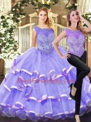 Lavender Scoop Neckline Beading and Ruffled Layers Quince Ball Gowns Sleeveless Lace Up