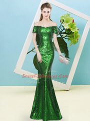 Floor Length Green Prom Dresses Off The Shoulder Short Sleeves Zipper