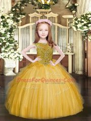 Tulle Scoop Sleeveless Zipper Beading and Ruffles Pageant Dress Toddler in Gold