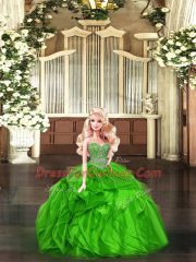 Sleeveless Organza Floor Length Lace Up Ball Gown Prom Dress in Green with Beading and Ruffles