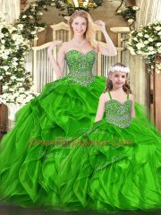 Sleeveless Organza Floor Length Lace Up Ball Gown Prom Dress in Green with Beading and Ruffles