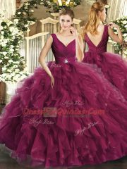 Burgundy Sleeveless Tulle Backless Quinceanera Dresses for Sweet 16 and Quinceanera
