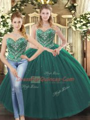 Pretty Dark Green Lace Up Sweetheart Beading Quince Ball Gowns Tulle Sleeveless