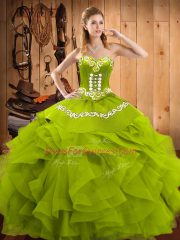 Affordable Olive Green Sleeveless Floor Length Embroidery and Ruffles Lace Up Sweet 16 Dress