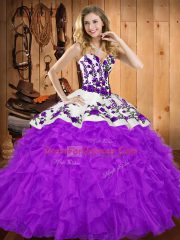 Purple Sleeveless Floor Length Embroidery and Ruffles Lace Up Vestidos de Quinceanera