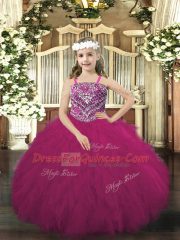 Straps Sleeveless Tulle Pageant Gowns For Girls Beading and Ruffles Lace Up