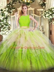 Exceptional Organza Scoop Sleeveless Zipper Lace and Ruffles 15 Quinceanera Dress in Multi-color