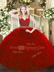 Red Ball Gowns Beading and Ruffles Quinceanera Dresses Zipper Tulle Sleeveless Floor Length