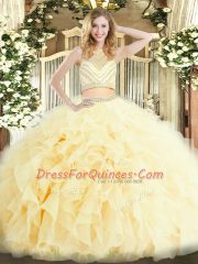 Sleeveless Floor Length Beading and Ruffles Zipper Sweet 16 Dresses with Light Yellow