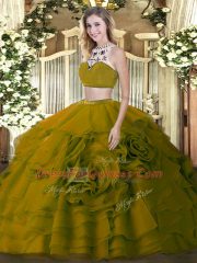 Suitable Olive Green High-neck Backless Beading and Ruffled Layers 15th Birthday Dress Sleeveless