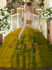 Suitable Olive Green High-neck Backless Beading and Ruffled Layers 15th Birthday Dress Sleeveless