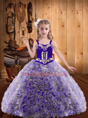 Sleeveless Lace Up Floor Length Embroidery and Ruffles Little Girl Pageant Dress