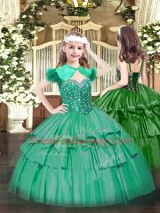 Most Popular Turquoise Lace Up Straps Beading and Ruffled Layers Little Girls Pageant Dress Organza Sleeveless