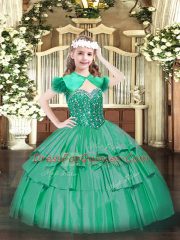Most Popular Turquoise Lace Up Straps Beading and Ruffled Layers Little Girls Pageant Dress Organza Sleeveless
