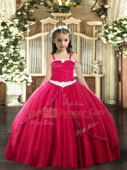 Coral Red Ball Gowns Tulle Straps Sleeveless Appliques Lace Up Kids Formal Wear Sweep Train