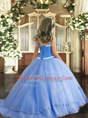 Coral Red Ball Gowns Tulle Straps Sleeveless Appliques Lace Up Kids Formal Wear Sweep Train
