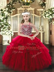 Fashionable Floor Length Wine Red Little Girls Pageant Dress Wholesale Organza Sleeveless Beading and Ruffles