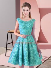 Glamorous Aqua Blue Lace Lace Up Prom Evening Gown Sleeveless Knee Length Belt