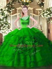 Best Floor Length Green Sweet 16 Dresses Organza Sleeveless Beading and Ruffled Layers