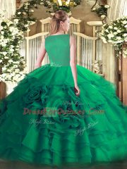Best Floor Length Green Sweet 16 Dresses Organza Sleeveless Beading and Ruffled Layers