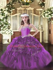 Beautiful Straps Sleeveless Organza Pageant Dress for Teens Beading and Ruffles Lace Up